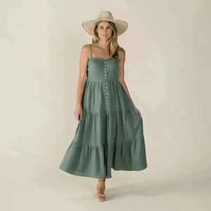 Rylee & Cru Rainforest sage Green Gauzy Button Dress front pockets anthropologie